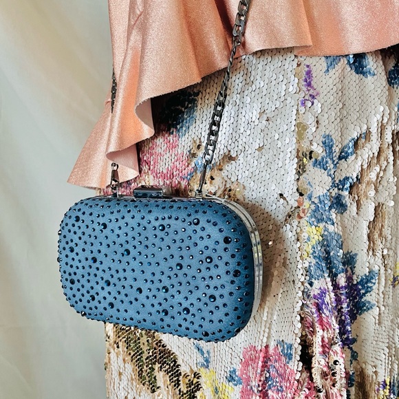 Handbags - Dark Blue Crystal Studded Pill Bag w/ Chain Strap